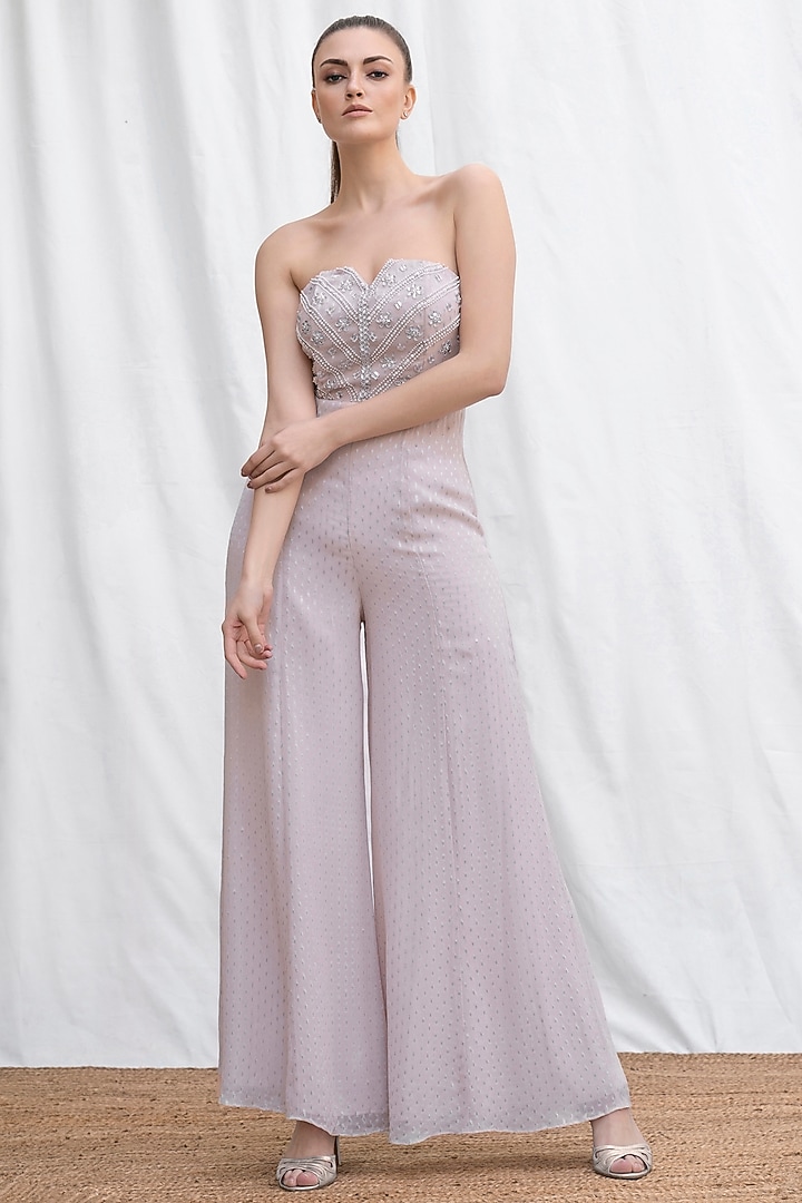 Light Rose Pink Viscose Georgette Off-Shoulder Jumpsuit by AMRTA By Guneet Kondal at Pernia's Pop Up Shop