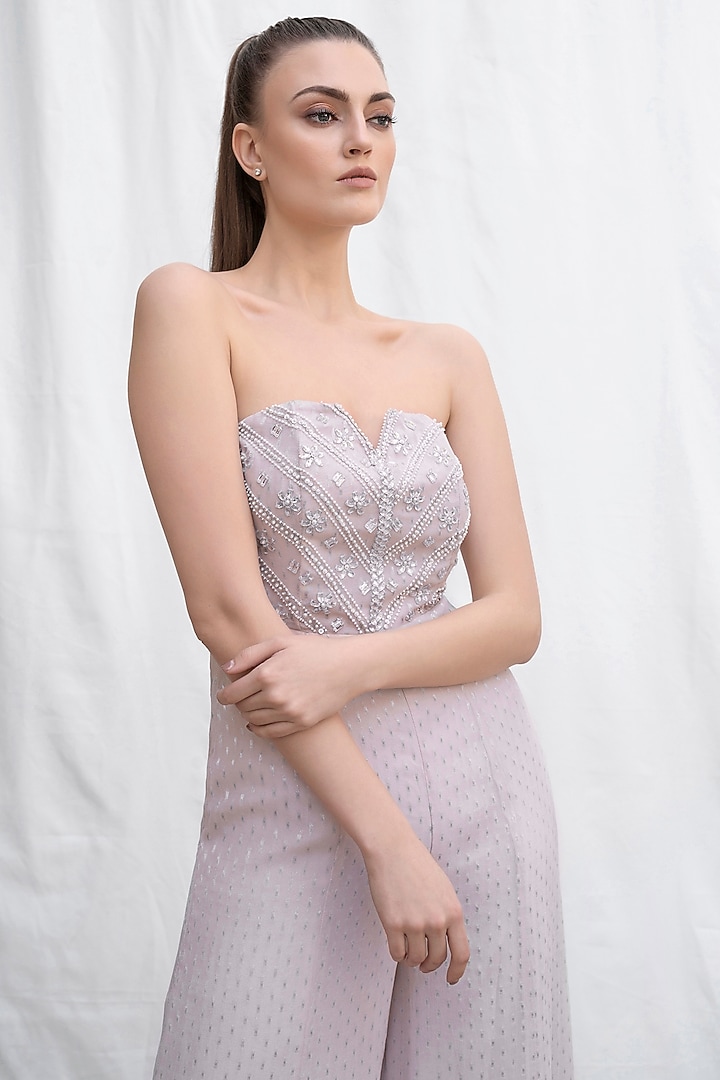 Light Rose Pink Viscose Georgette Off-Shoulder Jumpsuit by AMRTA By Guneet Kondal at Pernia's Pop Up Shop