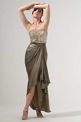Moss Green Viscose Satin Draped Skirt Set by AMRTA By Guneet Kondal