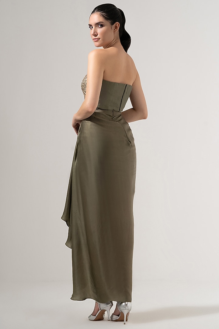 Moss Green Viscose Satin Draped Skirt Set by AMRTA By Guneet Kondal at Pernia's Pop Up Shop