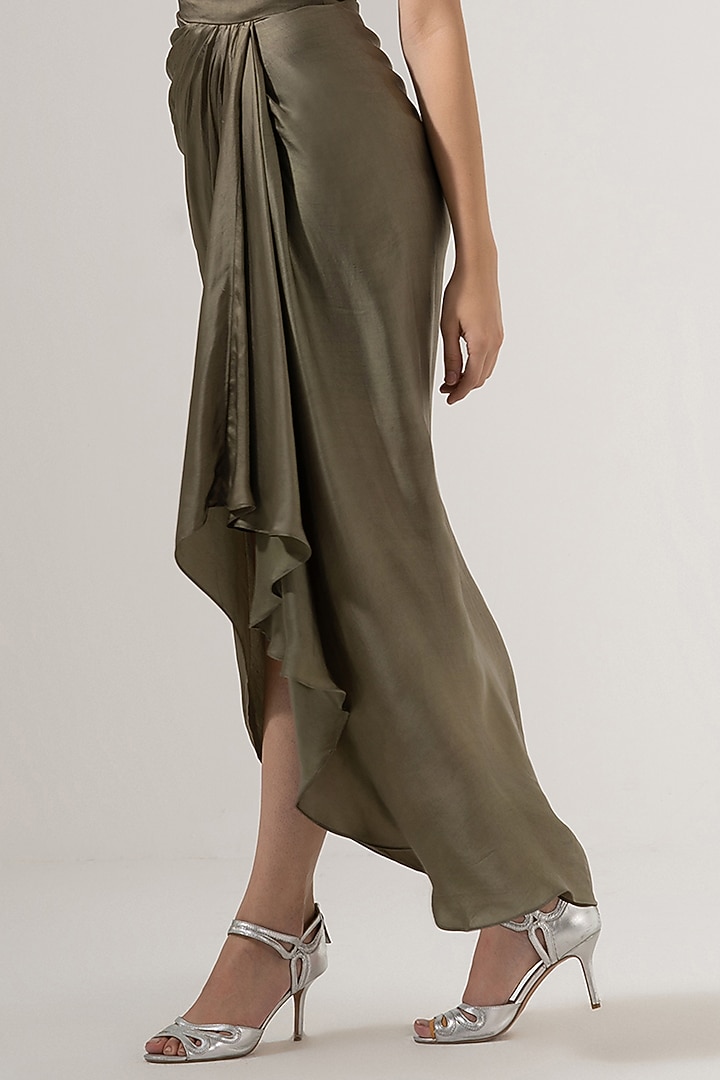 Moss Green Viscose Satin Draped Skirt Set by AMRTA By Guneet Kondal at Pernia's Pop Up Shop