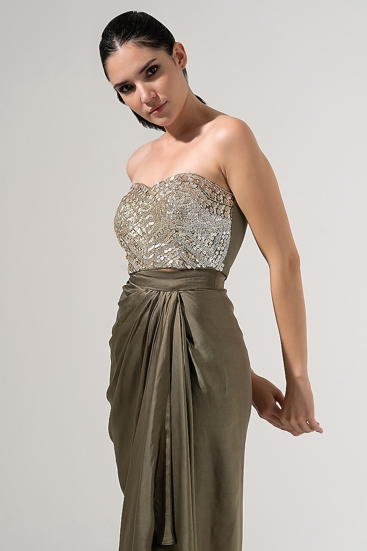 Moss Green Viscose Satin Draped Skirt Set by AMRTA By Guneet Kondal at Pernia's Pop Up Shop