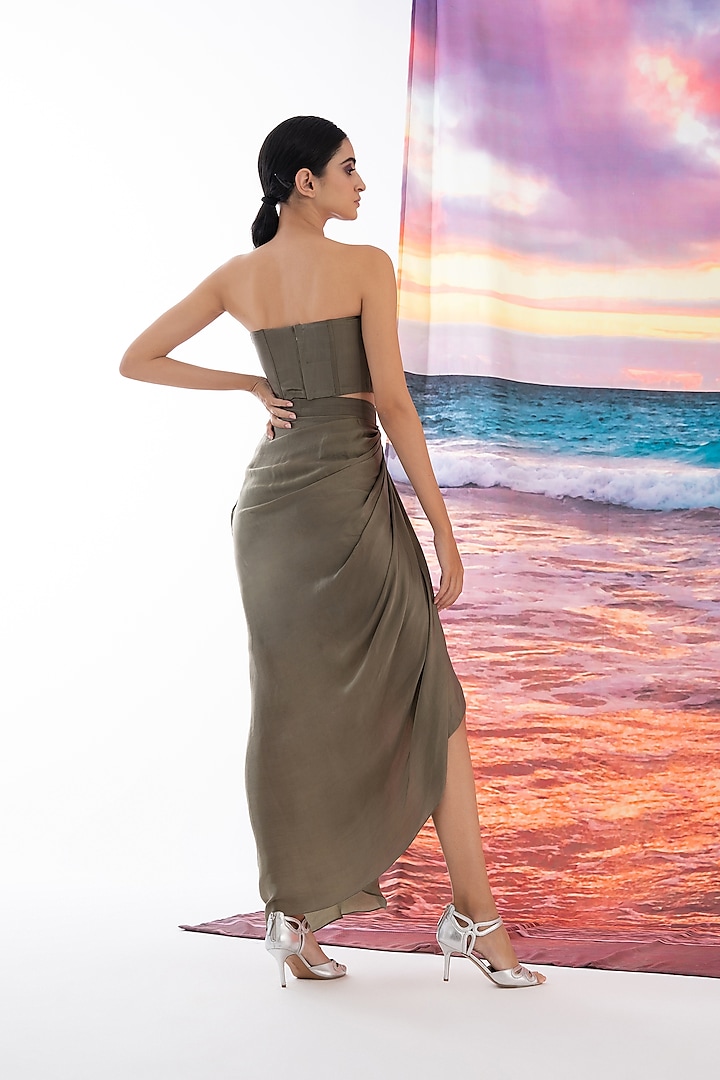 Musk Green Viscose Satin Draped Skirt set by AMRTA By Guneet Kondal at Pernia's Pop Up Shop
