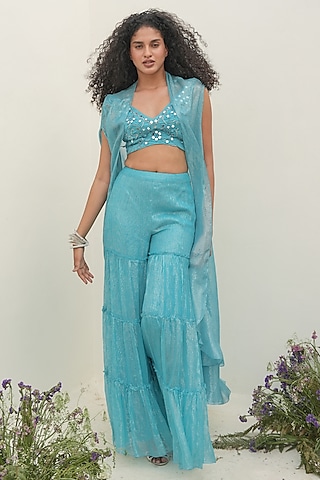 Blue Viscose Chiffon Cape Set by AMRTA By Guneet Kondal