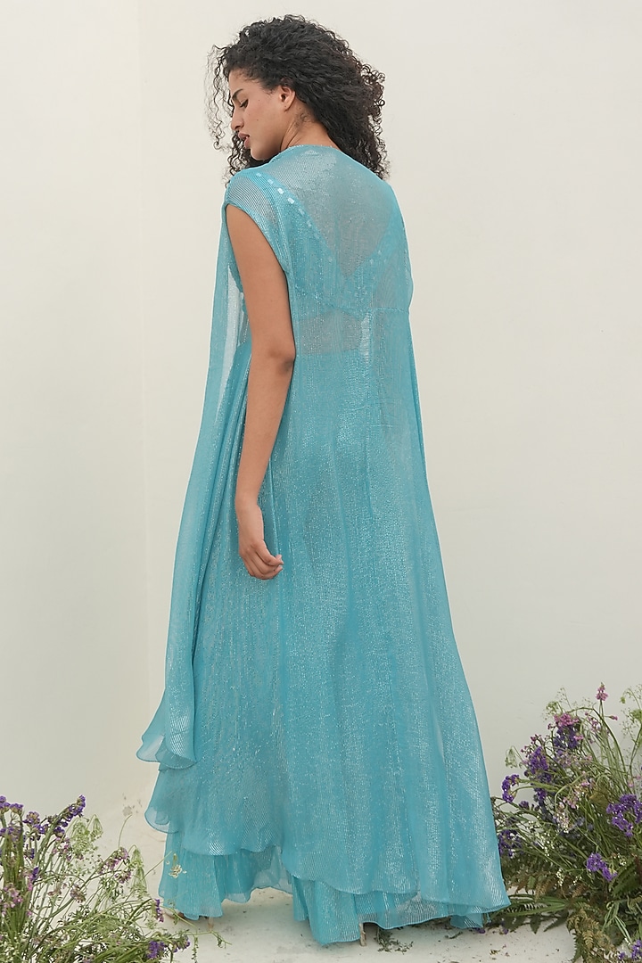 Blue Viscose Chiffon Cape Set by AMRTA By Guneet Kondal at Pernia's Pop Up Shop