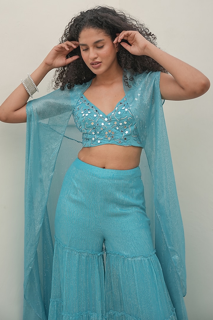 Blue Viscose Chiffon Cape Set by AMRTA By Guneet Kondal at Pernia's Pop Up Shop
