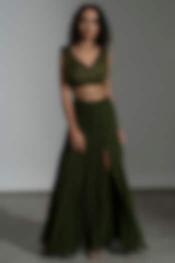 Dark Green Georgette Skirt Set by AMRTA By Guneet Kondal