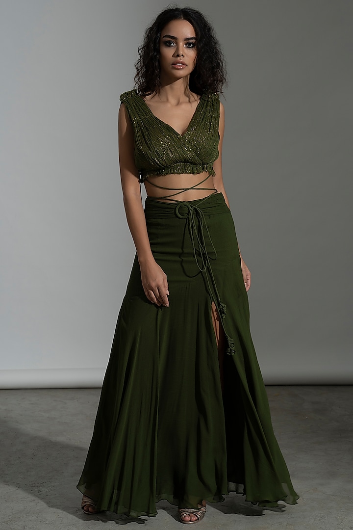 Dark Green Georgette Skirt Set by AMRTA By Guneet Kondal