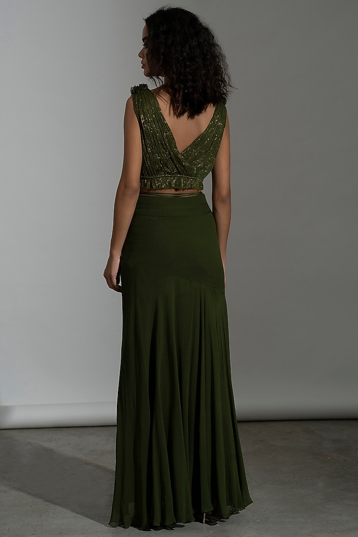Dark Green Georgette Skirt Set by AMRTA By Guneet Kondal at Pernia's Pop Up Shop