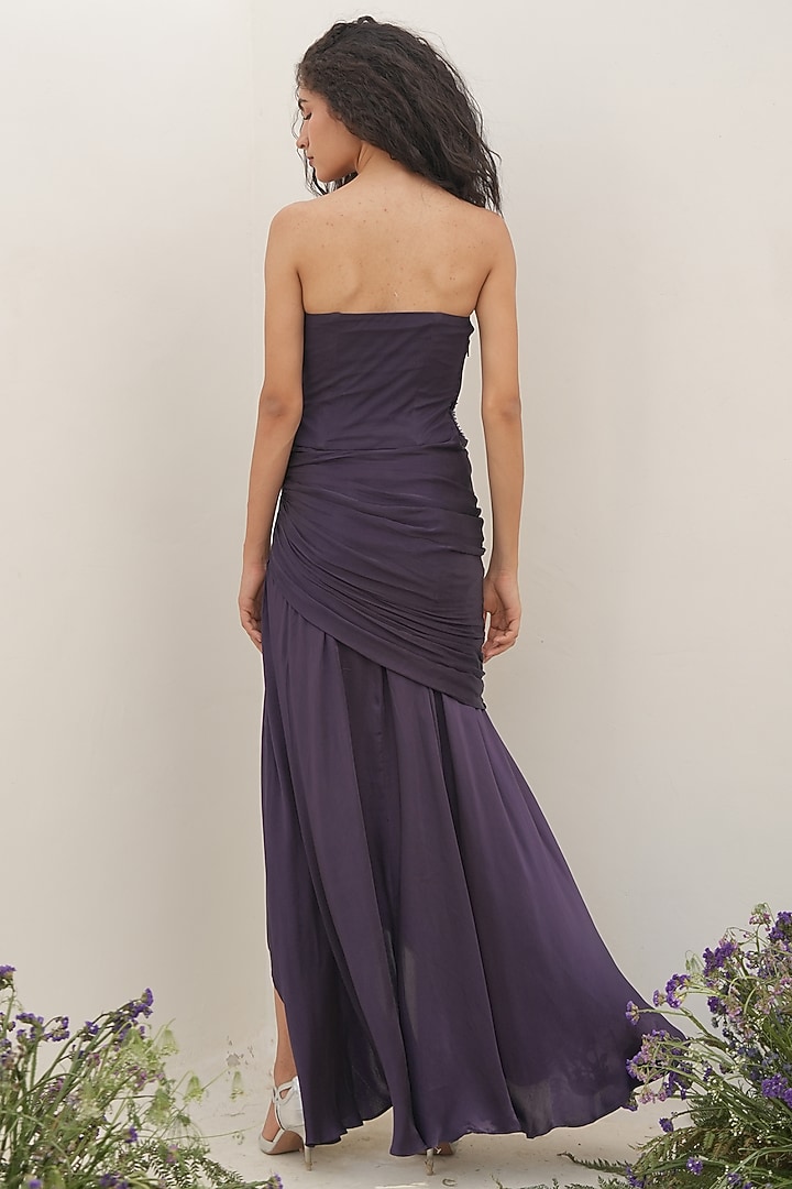 Midnight Plum Satin Maxi Skirt Set by AMRTA By Guneet Kondal at Pernia's Pop Up Shop