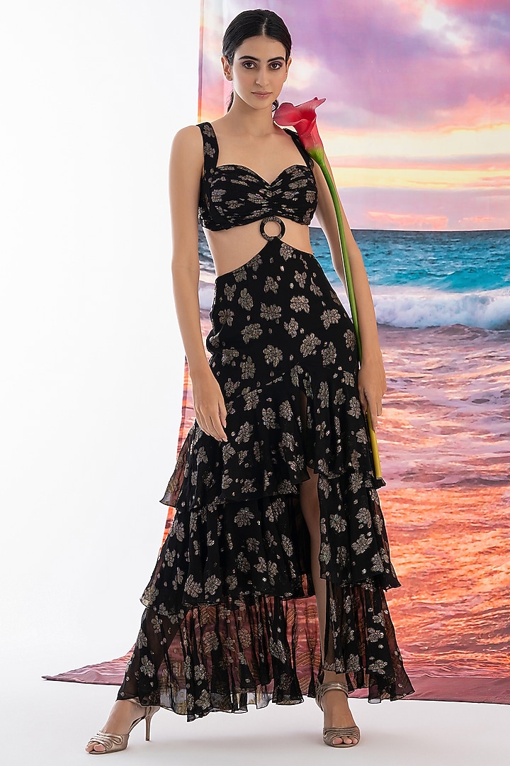 Black Viscose Georgette Tiered Summer Dress by AMRTA By Guneet Kondal at Pernia's Pop Up Shop