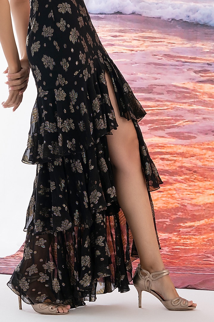 Black Viscose Georgette Tiered Summer Dress by AMRTA By Guneet Kondal at Pernia's Pop Up Shop