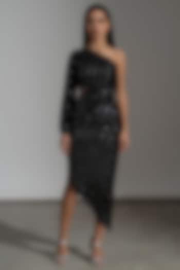 Black Viscose Georgette One-Shoulder Dress by AMRTA By Guneet Kondal