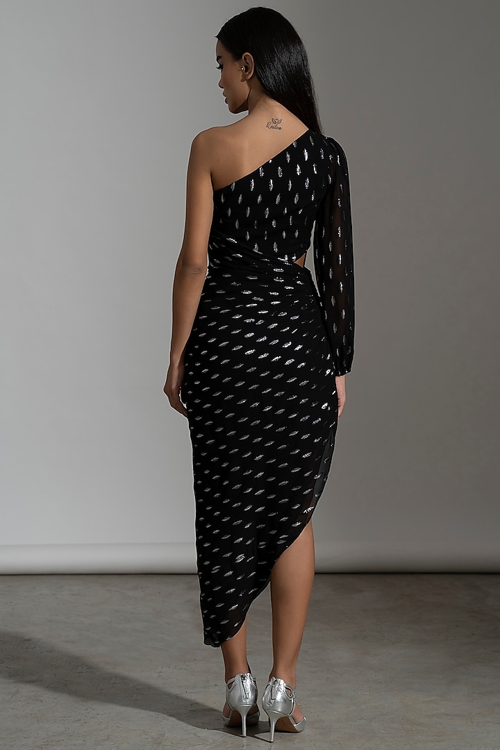 Black Viscose Georgette One-Shoulder Summer Dress by AMRTA By Guneet Kondal at Pernia's Pop Up Shop