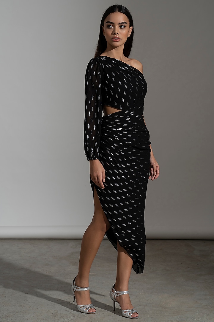 Black Viscose Georgette One-Shoulder Summer Dress by AMRTA By Guneet Kondal at Pernia's Pop Up Shop