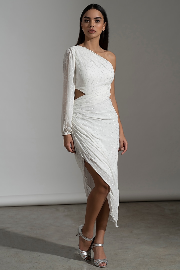 White Viscose Georgette One-Shoulder Dress by AMRTA By Guneet Kondal