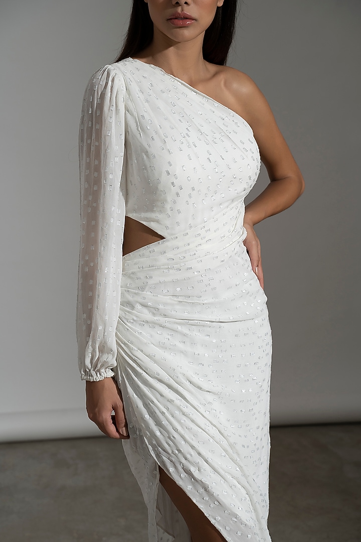 White Viscose Georgette One-Shoulder Summer Dress by AMRTA By Guneet Kondal at Pernia's Pop Up Shop