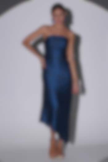 Teal Satin Asymmetric Printed Dress by AMRTA By Guneet Kondal