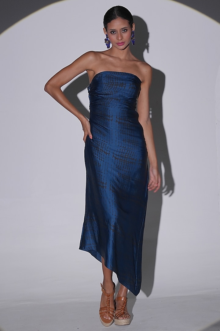 Teal Satin Asymmetric Printed Dress by AMRTA By Guneet Kondal