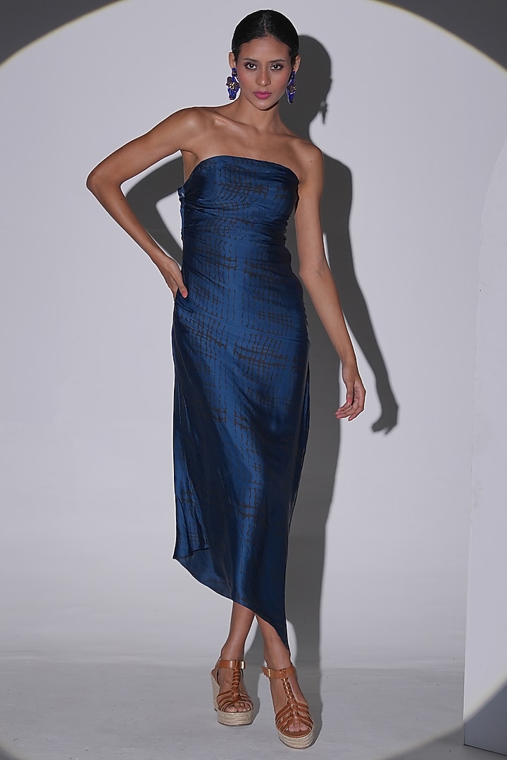 Teal Satin Asymmetric Printed Summer Dress by AMRTA By Guneet Kondal at Pernia's Pop Up Shop