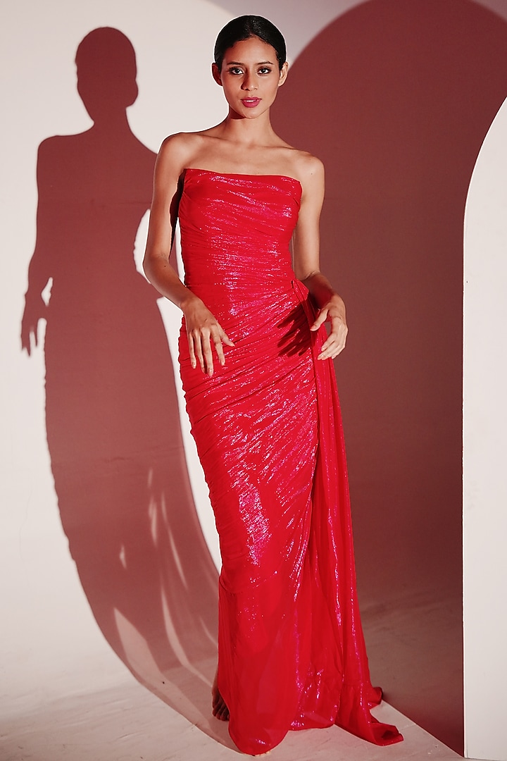 Red Polyester Lurex Draped Dress by AMRTA By Guneet Kondal