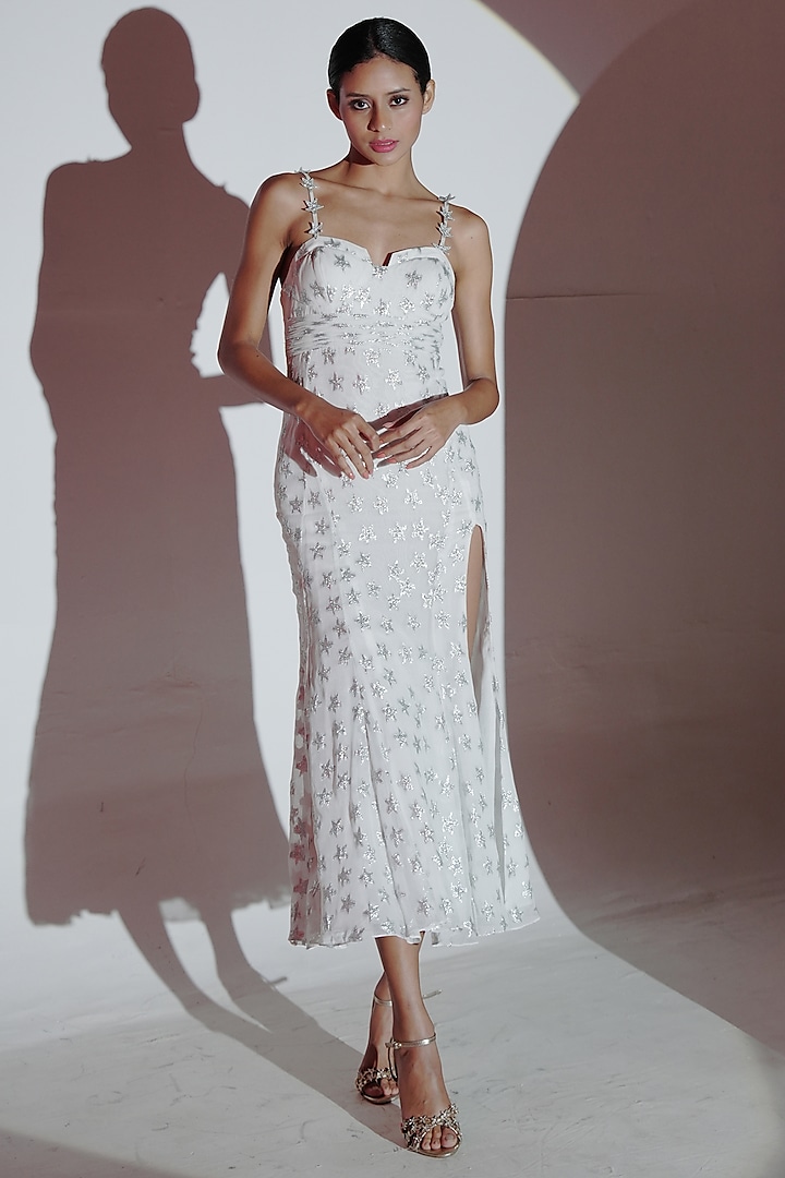 White Viscose & Metallic Yarn Dress by AMRTA By Guneet Kondal
