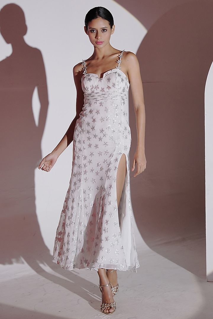 White Viscose & Metallic Yarn Summer Dress by AMRTA By Guneet Kondal at Pernia's Pop Up Shop