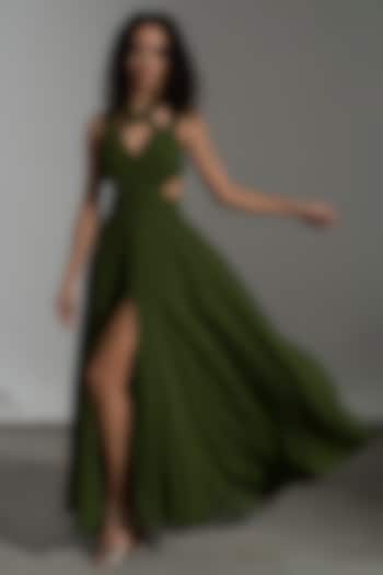 Dark Green Viscose Georgette Maxi Dress by AMRTA By Guneet Kondal