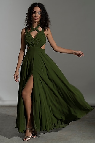 Dark Green Viscose Georgette Maxi Dress by AMRTA By Guneet Kondal