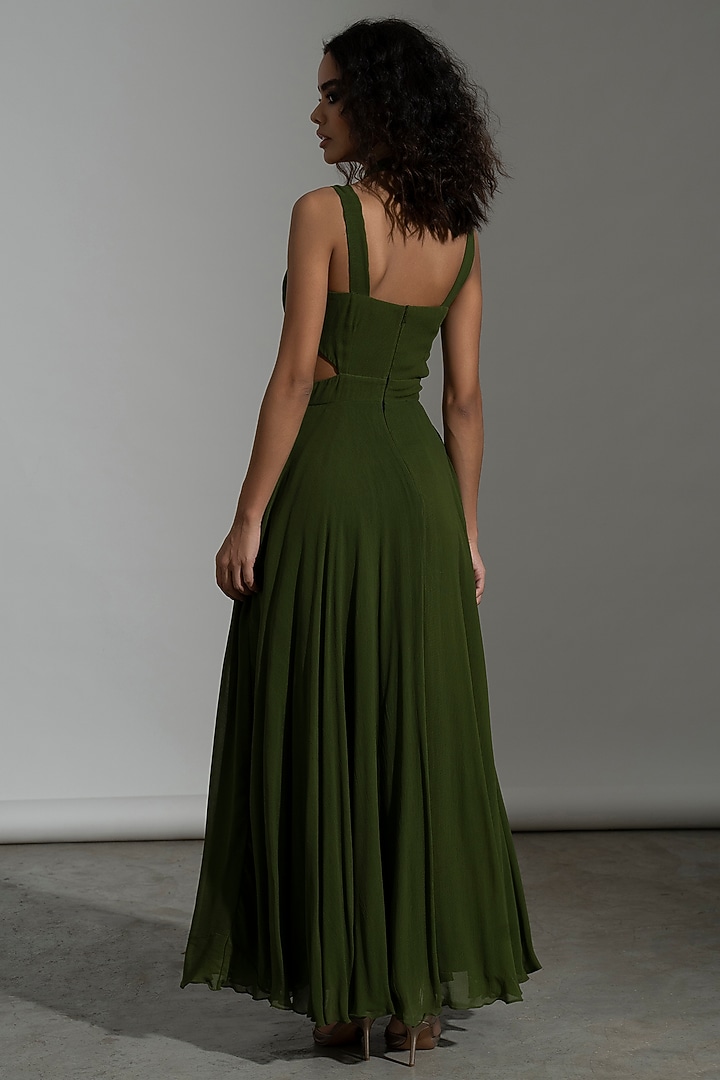 Dark Green Viscose Georgette Maxi Vacation Dress by AMRTA By Guneet Kondal at Pernia's Pop Up Shop