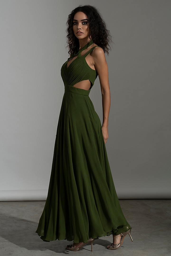 Dark Green Viscose Georgette Maxi Vacation Dress by AMRTA By Guneet Kondal at Pernia's Pop Up Shop