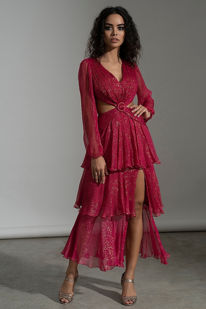 Pink Viscose Chiffon Cut-Out Dress by AMRTA By Guneet Kondal