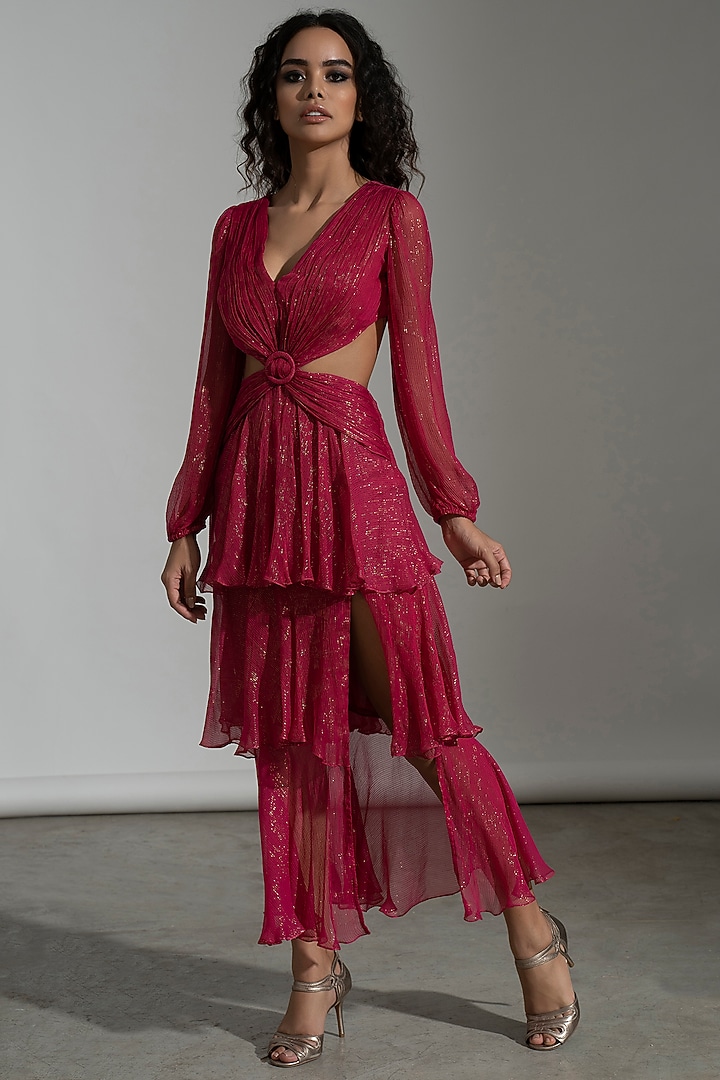Pink Viscose Chiffon Cut-Out Summer Dress by AMRTA By Guneet Kondal at Pernia's Pop Up Shop