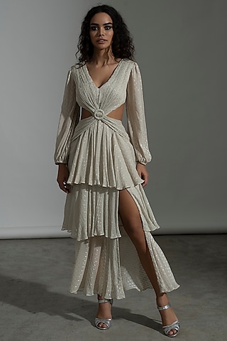 White Viscose Georgette & Metallic Yarn Tiered Dress by AMRTA By Guneet Kondal