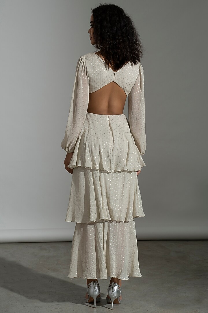 White Viscose Georgette & Metallic Yarn Tiered Summer Dress by AMRTA By Guneet Kondal at Pernia's Pop Up Shop