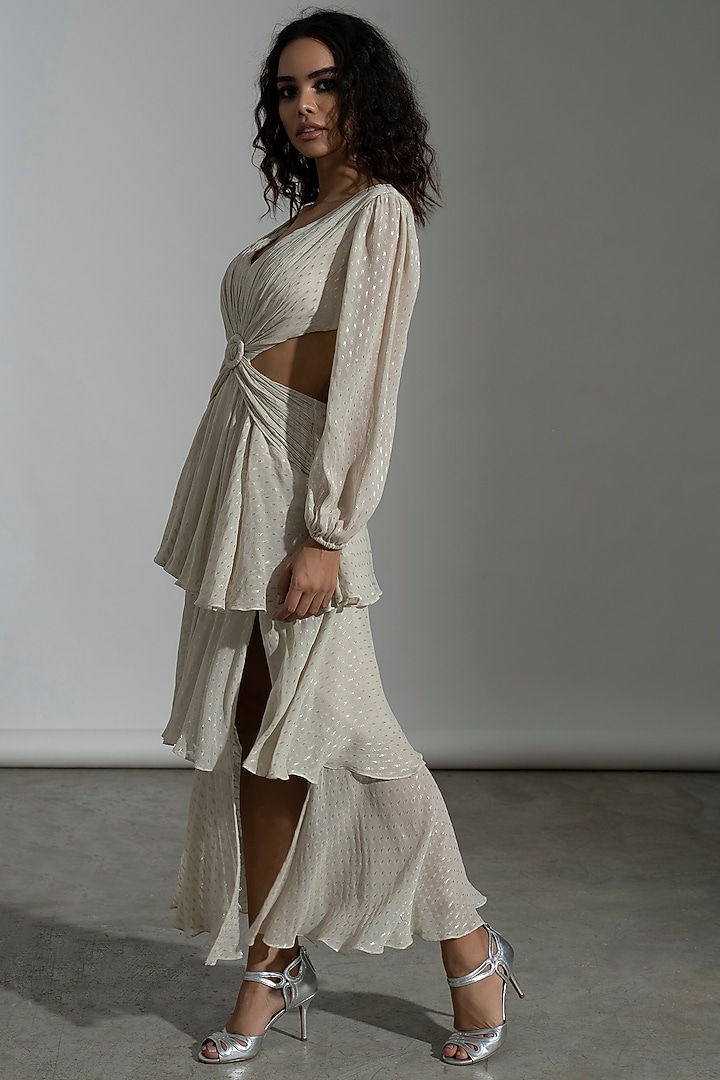 White Viscose Georgette & Metallic Yarn Tiered Summer Dress by AMRTA By Guneet Kondal at Pernia's Pop Up Shop