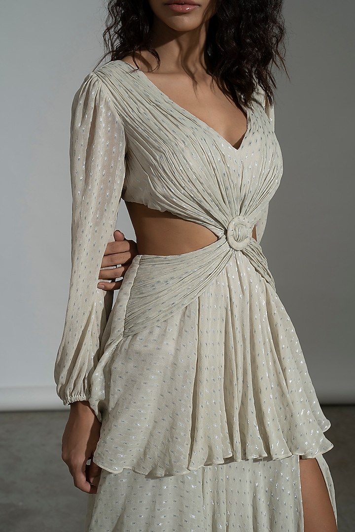 White Viscose Georgette & Metallic Yarn Tiered Summer Dress by AMRTA By Guneet Kondal at Pernia's Pop Up Shop