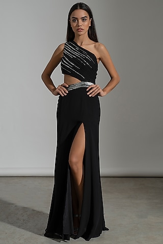 Black Georgette Beads Embroidered Dress by AMRTA By Guneet Kondal