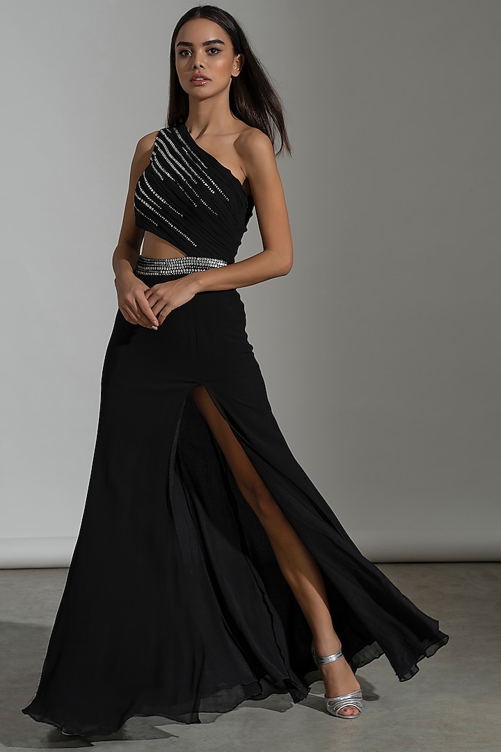 Black Georgette Beads Embroidered Vacation Dress by AMRTA By Guneet Kondal at Pernia's Pop Up Shop