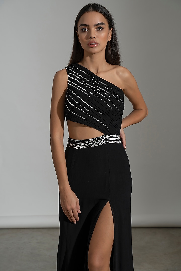 Black Georgette Beads Embroidered Vacation Dress by AMRTA By Guneet Kondal at Pernia's Pop Up Shop