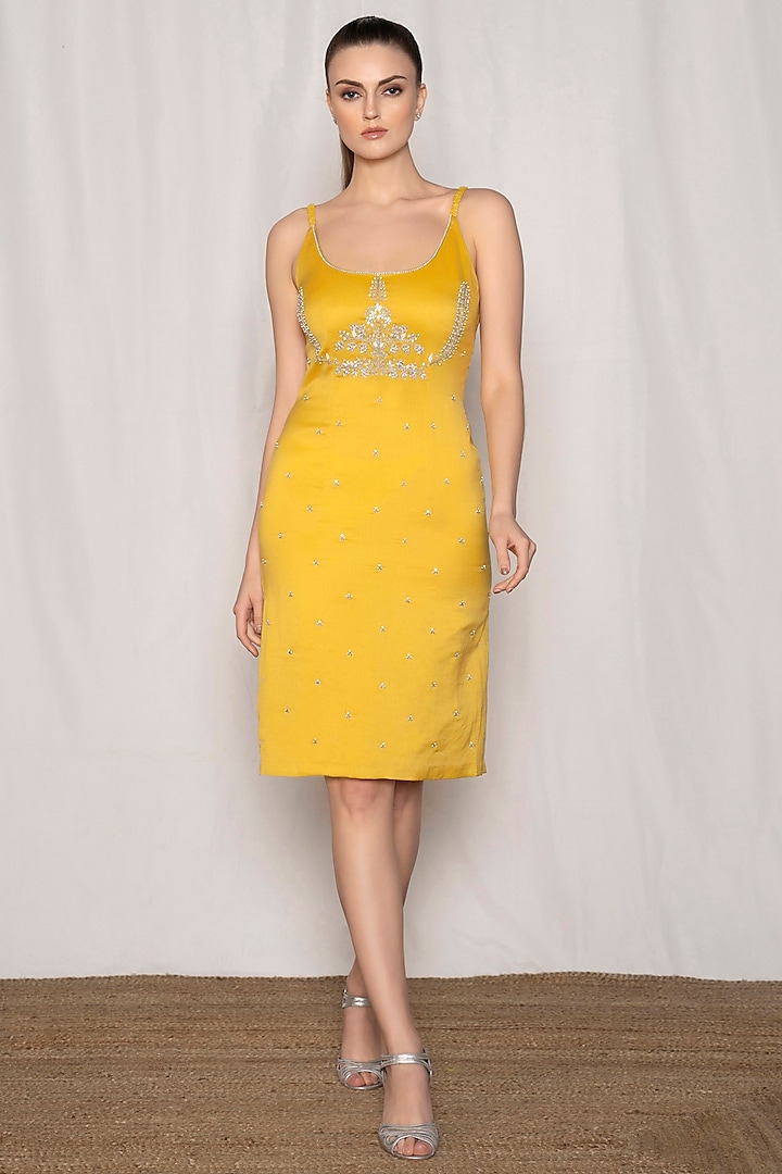 Yellow Cotton Silk Blend Hand Embroidered Midi Dress by AMRTA By Guneet Kondal at Pernia's Pop Up Shop