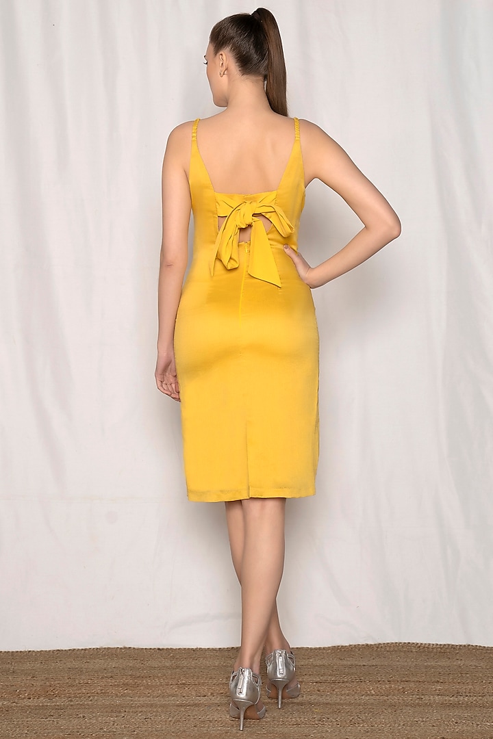 Yellow Cotton Silk Blend Hand Embroidered Midi Vacation Dress by AMRTA By Guneet Kondal at Pernia's Pop Up Shop