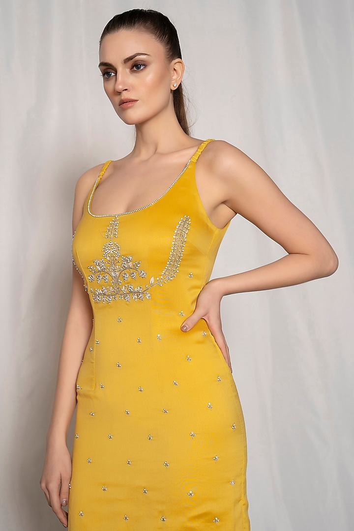 Yellow Cotton Silk Blend Hand Embroidered Midi Vacation Dress by AMRTA By Guneet Kondal at Pernia's Pop Up Shop