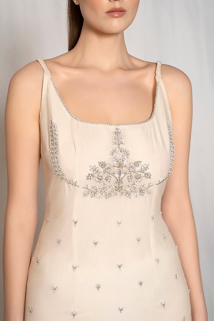 White Cotton Silk Blend Hand Embroidered Midi Vacation Dress by AMRTA By Guneet Kondal at Pernia's Pop Up Shop