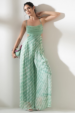 Mint Viscose Georgette Leheriya Printed Jumpsuit by AMRTA By Guneet Kondal