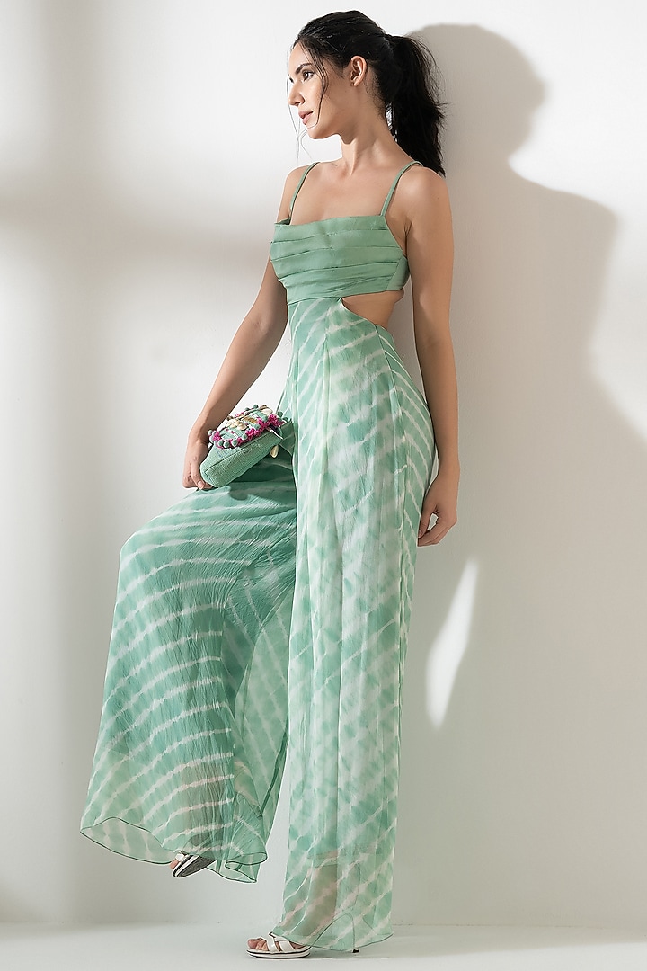 Mint Viscose Georgette Leheriya Printed Jumpsuit by AMRTA By Guneet Kondal at Pernia's Pop Up Shop