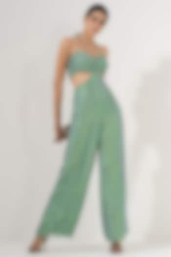 Mint Georgette & Metallic Neon Yarn Jumpsuit by AMRTA By Guneet Kondal at Pernia's Pop Up Shop