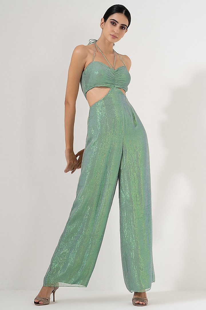 Mint Georgette & Metallic Neon Yarn Jumpsuit by AMRTA By Guneet Kondal at Pernia's Pop Up Shop