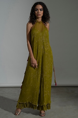 Green Viscose Lurex Jumpsuit by AMRTA By Guneet Kondal