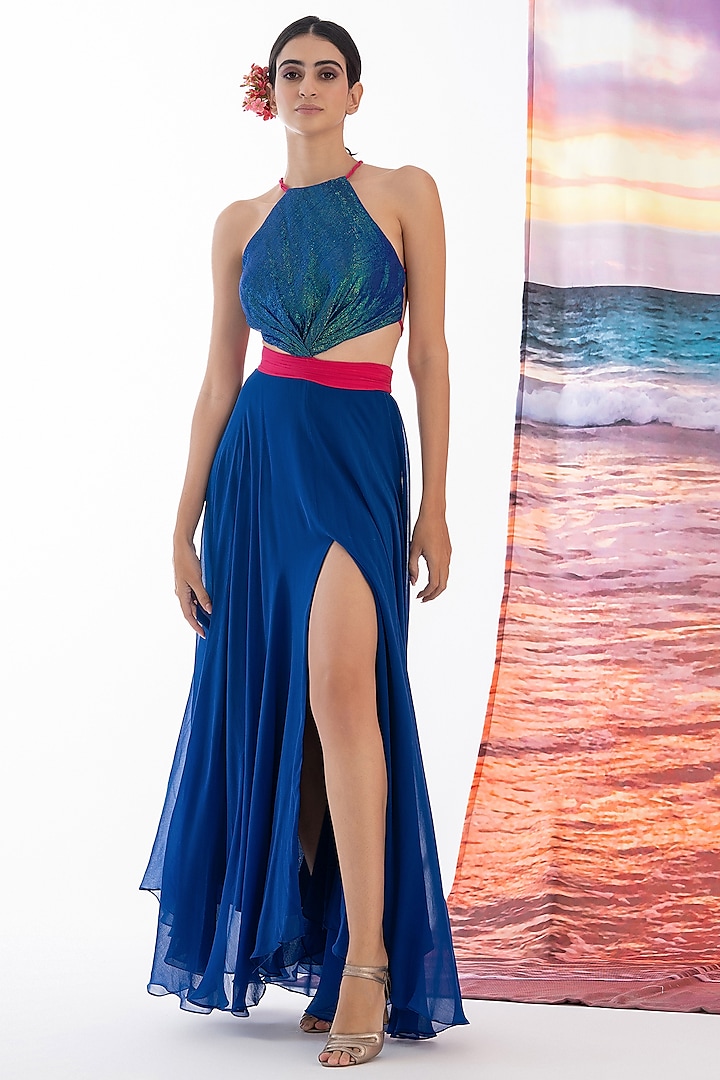 Blue Viscose Georgette & Metallic Yarn Maxi Dress by AMRTA By Guneet Kondal